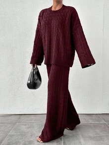 EURMUSE 2件套女士纯色粗针织落肩长袖毛衣和针织裤 - 酒紅色 - 查看 3