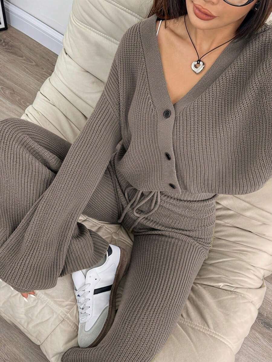 SHEIN EZwear 秋冬女士休闲纯色宽肩带开衫和抽绳腰喇叭裤两件套 - 咖啡棕 - 查看 1