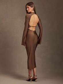 L'Amorae Women Long Knit Dress With Keyhole Button Detail And Dramatic Open Back - Brown - View 3