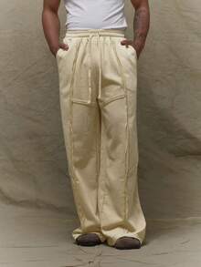 Musero Men Oversized Baggy Distressed Seam Detailing Elasticated Drawstring Waistband Jogger Sweatpants SPRING SUMMER - Beige - View 2