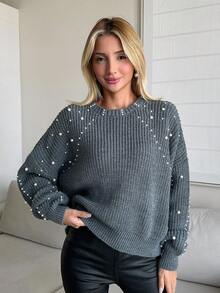 EURMUSE Round Neck Ribbed Pearl Knit Pullover, Casual Daily Wear - Grey - View 3