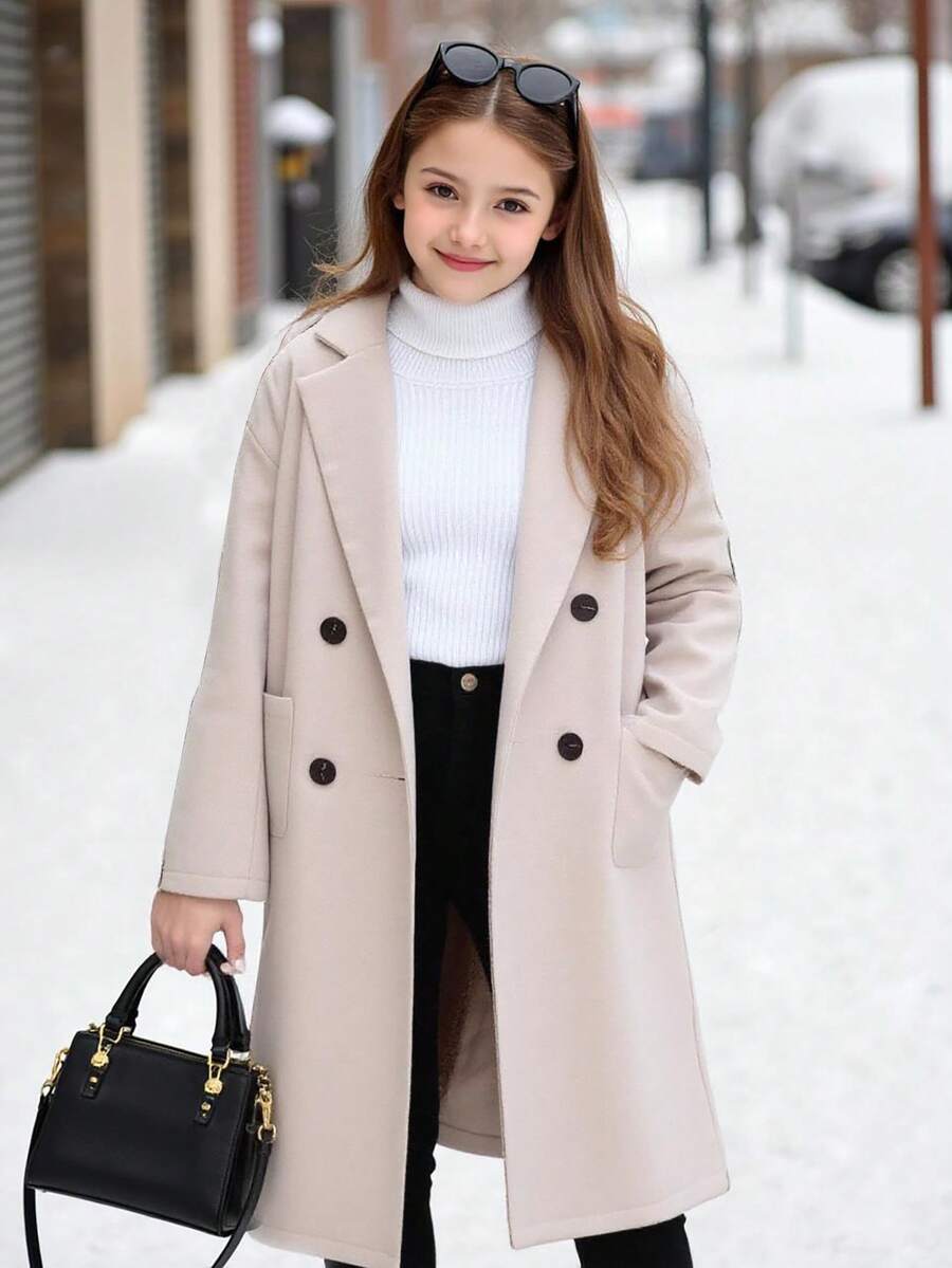 SHEIN Tween Girls Lapel Neck Drop Shoulder Double Breasted Dual Pocket Overcoat, Late Fall Casual Double Button, Pocket Drop Shoulder Lapel Regular Fit Beige Plain Overcoats, Casual Daily Wear Girl Coat Tween Dress Coat Fall Coat For Tween Girls Girl Winter Clothes - Apricot - View 1