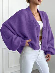 EURMUSE Women's Solid Color Drop Shoulder Long Sleeve Single Breasted Casual Loose Cardigan - Purple - View 3