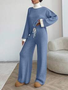 EURMUSE WOMEN HİGH NECK SOFT TOUCH SWEATERAND PANT Two Pieces OUTFİT CO-ORDS,Loungewear Set,Petite,Winter Clothes - Baby Blue - View 8