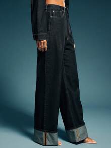 Denimoi 高腰阔腿卷边牛仔裤，时尚秋冬 - 藏蓝色 - 查看 3