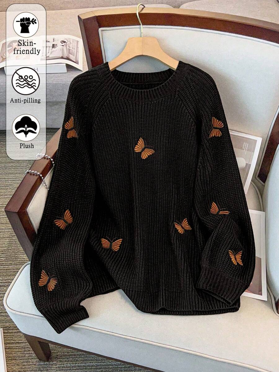 SHEIN Clasi 女士加大码针织蝴蝶刺绣长袖常规优雅套头毛衣,秋冬季 - 黑色 - 查看 1