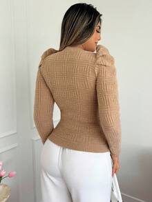 Xyvia Jersey de cuello alto con mangas farol y textura para mujer - Caqui - Ver 2
