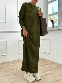 EURMUSE Vestido suéter de cuello redondo con caída de hombros y patrón de cable - Verde Oscuro - Ver 5