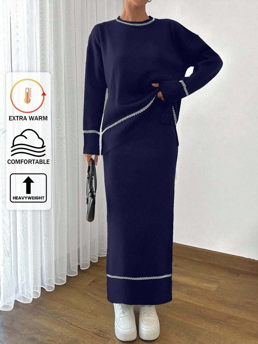 EURMUSE Women Solid Color Round Neck Drop Shoulder Stripe Pattern Pullover & Sweater Skirt Set,Petite,Winter Clothes - Navy Blue - View 1