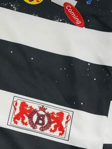 ROMWE MEN Prep 男士条纹领学院风长袖印花T恤，休闲学院风上衣，秋季款 - 黑與白 - 查看 4