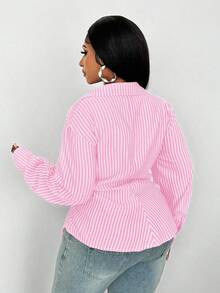 Maweii 大码女式春秋休闲日常/工作通勤条纹印花裹身褶饰侧衬衫 - 粉色 - 查看 4