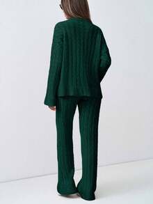 SHEIN Tall Bộ áo len dệt kim vai trễ và quần hai mảnh cho nữ - Màu xanh lá cây đậm - Xem 2