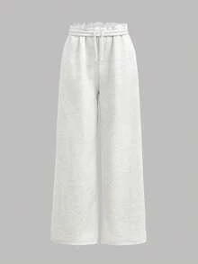 SHEIN 3 件套青少年女孩休闲运动裤，黑色和灰色，低腰松紧腰带宽松阔腿慢跑裤