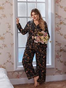 CottageSlumber Floral Print Open Front Collar Long Sleeve Top & Pants Plus Size Pajama Set Fall Winter Clothes - Multicolor - View 6
