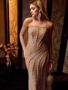 MOTF Soiréza VESTIDO CÓCTEL TUBO CON ABERTURA LATERAL DE LENTEJUELAS - Dorado - Ver 3