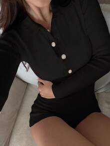 Flirla Women's Solid Color Front Button Fashionable Knitted Long Sleeve Fitted Jumpsuit