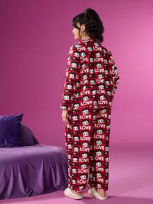 Betty Boop x SHEIN 大码舒适印花长袖上衣和裤子睡衣套装，秋冬服装 - 紅色 - 查看 2