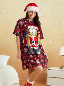 GARFIELD | SHEIN Vestido de Dormir Solto com Estampa Xadrez Quadriculada de Floco de Neve e Desenho Animado Plus Size para Mulheres, Vestido de Dormir Moo Moo - Vermelho - Visão 1