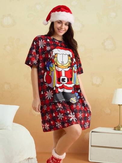 GARFIELD | SHEIN Große Größen Damen Weihnachts Cartoon & Schneeflocke Gingham Karomuster Loose Fit Schlafkleid mit Drop Shoulder