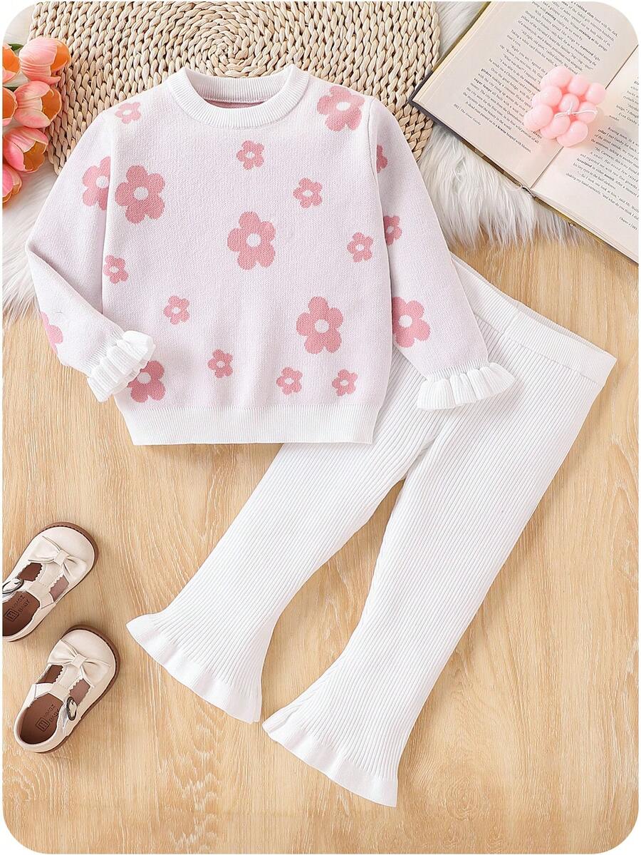 Conjunto de Suéter de Manga Longa com Gola Redonda e Estampa Floral Rosa e Calça Combinando para Meninas Jovens, Caimento Solto, Macio e Confortável, Adequado para Primavera/Outono, Uso Diário, Exterior, Viagem, Férias, Casa, Creche, Brincadeira - Rosa Bebê - Visão 1