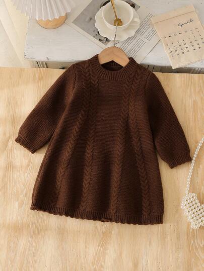 SHEIN Vintaside Kids Vestido de suéter de manga larga, de cuello redondo, de unicolor, casual y versátil para niña bebé