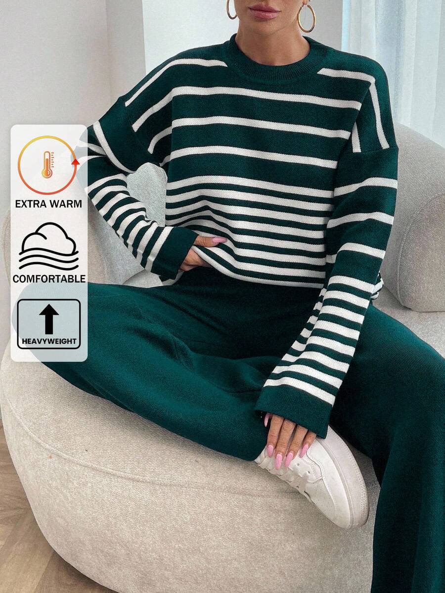 EURMUSE Women Irregular Stripe Pattern Round Neck Drop Shoulder Pullover & Sweater Pants Set,Petite Co Ord,Co Ord,Petite,Winter Clothes - Green - View 1