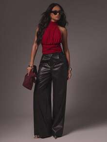 Hauture Maglietta da donna sexy con collo alto, arricciata, con schiena annodata e doppio strato