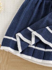 Souflis Souflis 2 pièces Ensemble pull, Pull élégant de style français tricoté avec blocs de couleurs et mignon lapin brodé + Jupe tricotée - Bleu marine - Voir 7
