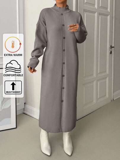 SHEIN Elegant Oversize Drop Shoulder Turtle Neck Maxi Sweater Dress With Button