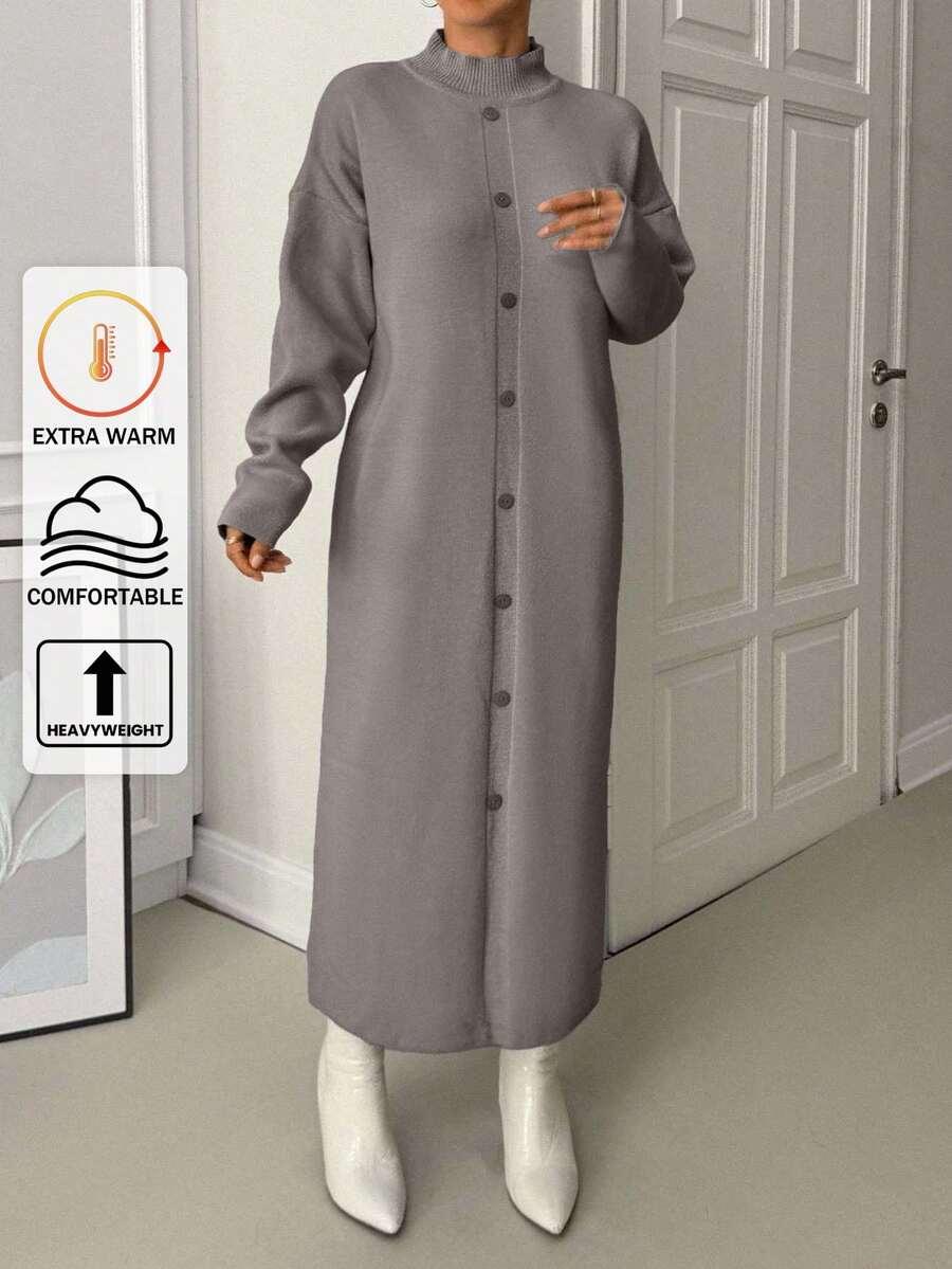 EURMUSE 优雅超大落肩高领纽扣连衣长裙 - 摩卡棕 - 查看 1