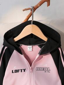 Genkimix Kids Young Girl Casual Colorblock Letter Graphic Zip-Up Hooded Jacket, Autumn - Pink - View 3