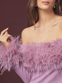 L'Amorae Women's Off Shoulder Furry Fitted Sexy Top - Dusty Pink - View 4