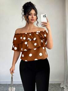 Elenzga Blusa de hombros descubiertos con volantes en capas y estampado de lunares clásico para mujer de talla grande - Marrón - Ver 5