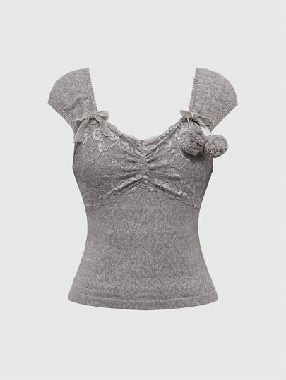 J-Fashion Blusa de punto ajustada con detalles de lazo, encaje y fruncido en el busto, para mujer, de moda para el verano