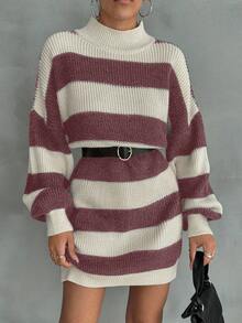EURMUSE Vestido de suéter con caída de hombros y patrón a rayas para mujeres - Multicolor - Ver 8