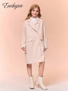 Tween Girls' Elegant Notched Collar Double-Breasted Long Sleeve Knee-Length Casual Jacket, Suitable For Autumn/Winter - Apricot - View 5