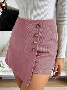 SHEIN LUNE Christmas Button Decor Wrap Slim Fit Versatile Skort Asymmetrical Skirt - Dusty Pink - View 5