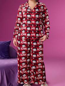 Betty Boop x SHEIN 大码舒适印花长袖上衣和裤子睡衣套装，秋冬服装 - 紅色 - 查看 4