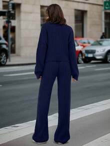 SHEIN Tall Drop Shoulder Zip Up Cardigan & Knit Pants,Petite Co Ord Set,Co Ords Sets Women,Petite Co Ord,Winter Co Ord Set,Co Ord,Loungewear Set,Knitted Co Ord Set,Petite,Winter Clothes,Two Piece Set Women - Navy Blue - View 2