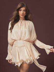 L'Amorae Women's Elegant Ruched Waist Tie Neck Mini Dress, Autumn - Apricot - View 5