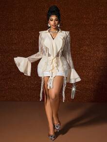 Maweii Plus Size Ruffled Lace Patchwork Long Sleeve Blouse - White - View 4