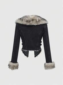 ROMWE Hippie Y2K 毛绒领女式牛仔夹克 - 黑色 - 查看 2