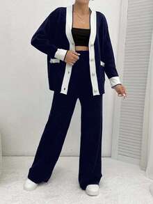 EURMUSE Ladies' Two Pieces Set Of Colorblock Cardigan With Rolled Edge And Drop Shoulder & Pants With Button Fly - Navy Blue - View 5