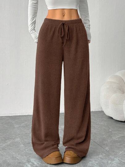 SHEIN EZwear Women's New Solid Color Elastic Waist Drawstring Loose Straight Leg Casual Ribbed Pants Brown Wide Leg Pants Loose Pants Knit Pants Wide Leg Sweatpants Brown Loose Pants Women Knit Pants Wide Leg Knit Pants Loose Knit Pants Women Knit Pants Brown Knit Pants,Fall,Fall Clothes For Women