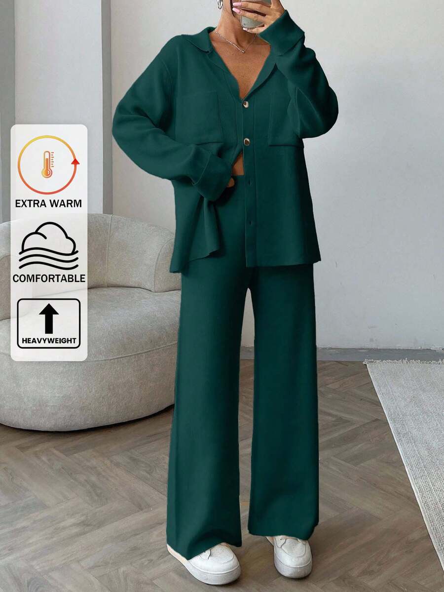 EURMUSE Women Solid Color Collar Neck Front Button Pocket Detailed Pullover & Sweater Pants Set,Winter Clothes - Dark Green - View 1