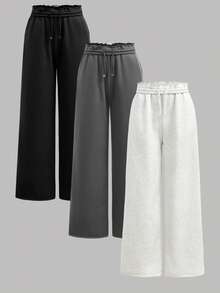 SHEIN 3 件套青少年女孩休闲运动裤，黑色和灰色，低腰松紧腰带宽松阔腿慢跑裤