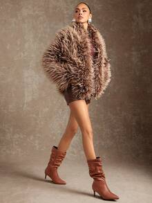 SHUZIA Sepatu Boots Wanita Seksi Ujung Lancip Hak Kitten Setinggi Betis - Chocolate Brown - View 5