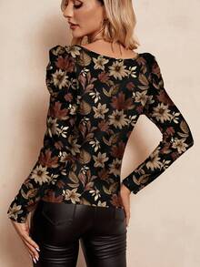 SHEIN Clasi Vintage Maple Leaf Print Puff Sleeve Top - Multicolor - View 2