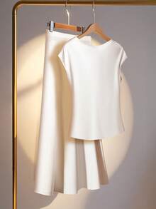 GlowEve Women's Solid Loose Collar Blouse And Fish Tail Midi Skirt 2pcs Set, Elegant - Apricot - View 2