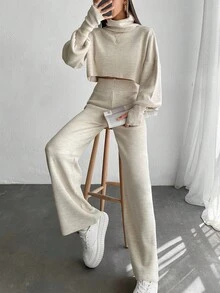 EURMUSE High Neck Bubble Sleeve Knitted Knitted Two Piece Set - Beige - View 7
